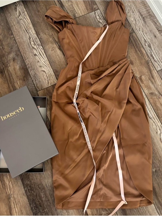 House of CB Dresses & Skirts - House of CB Chestnut Brown Satin Draped Midi Dress